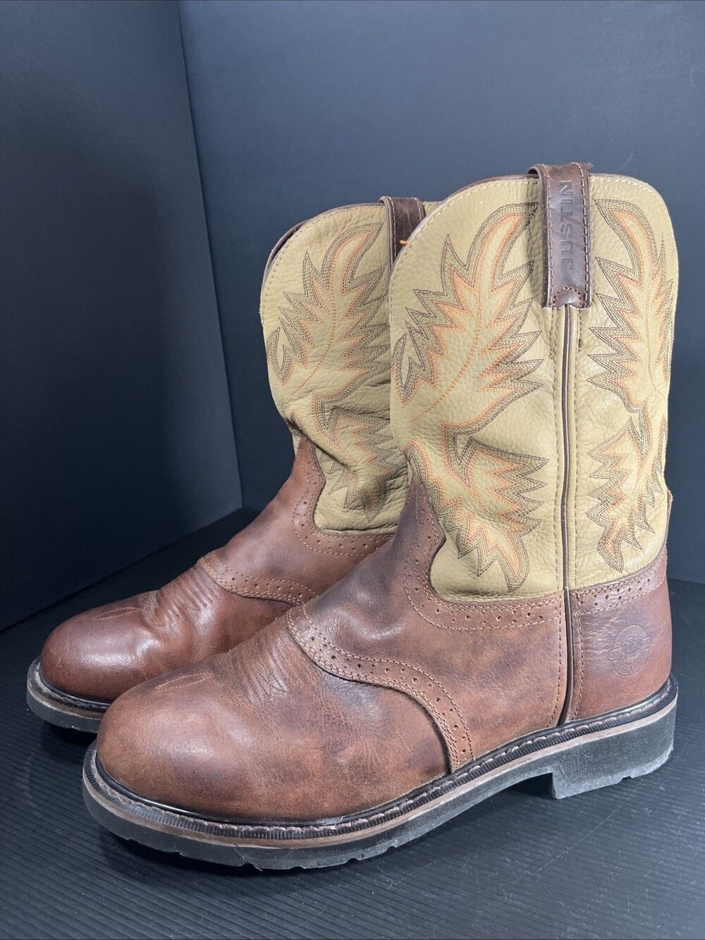 Justin Mens Brown Leather Work Boots Superintendent Pull-On Steel Toe Sz 13D
